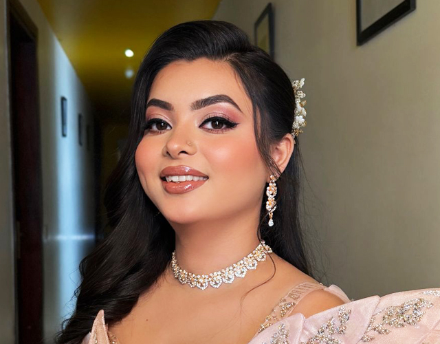 Professional engagement makeup by Nithika Aroraa featuring a soft glam look with flawless skin and elegant styling.